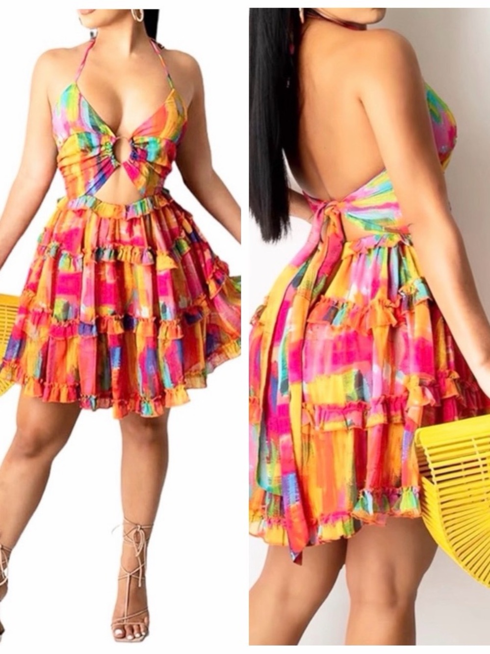 Colorful Rainbow Ruffle Beach Vibes Dress L